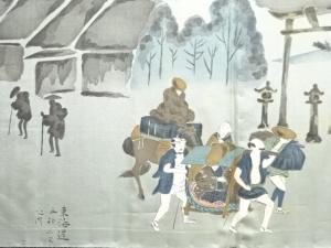 アンティーク　東海道五十三次模様肩裏本場草木泥染大島紬100亀甲男物羽織